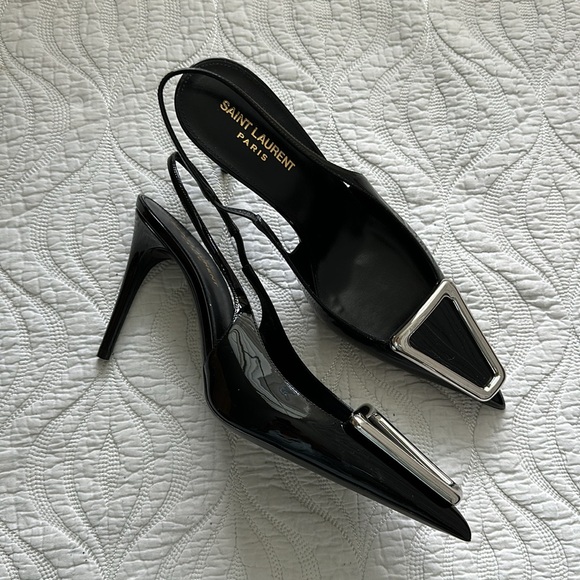 SAINT LAURENT Avenue Slingback Pumps Patent Black Leather - Picture 2 of 8